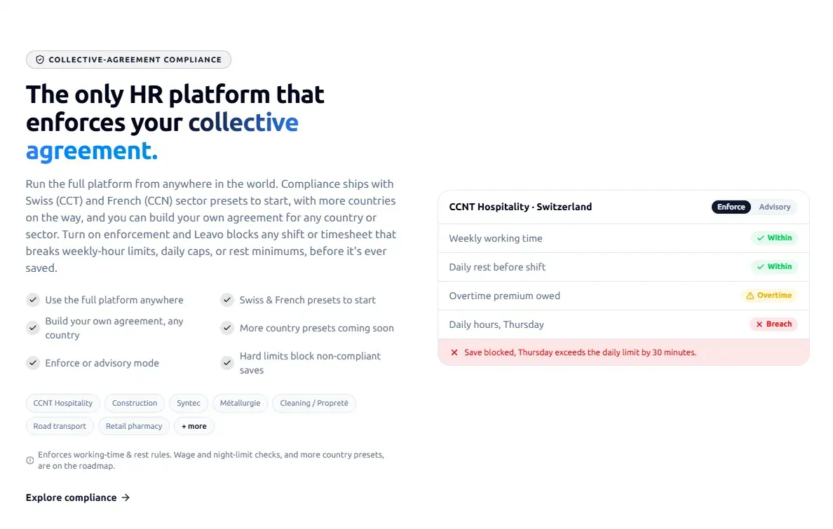 Leavo compliance feature: enforce or advisory mode for collective agreements, with a save blocked for exceeding a daily-hours limit
